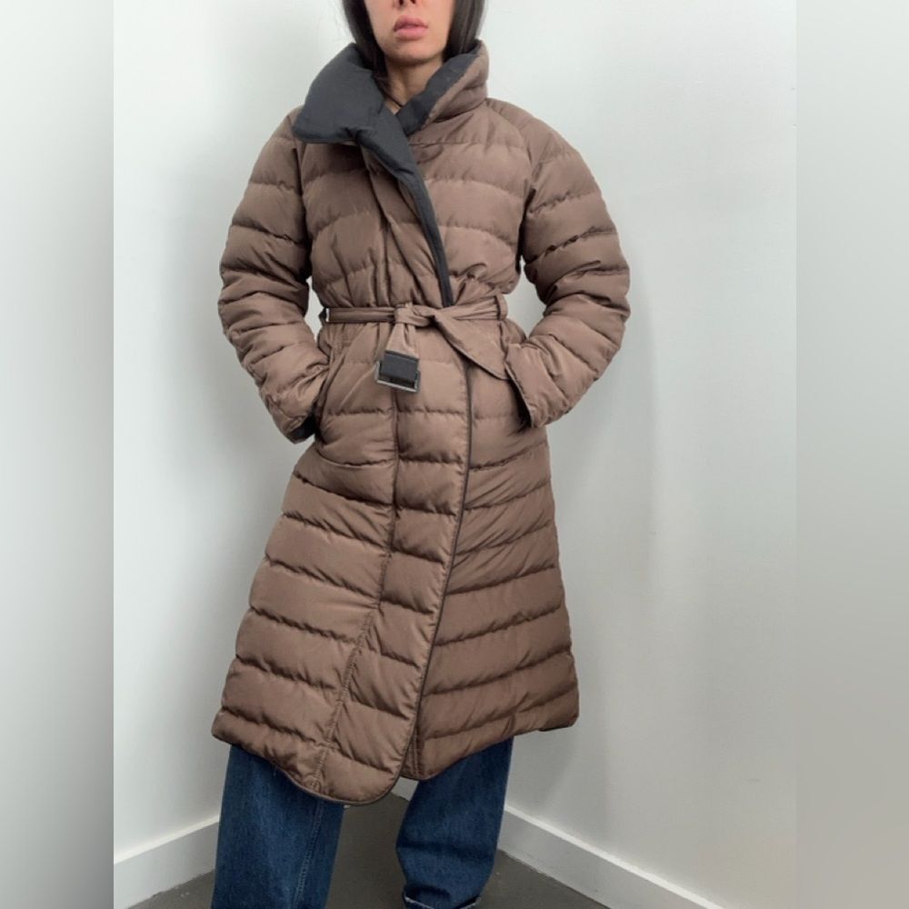 Vintage 80's Down Filled Puffer Coat Reversible Long Line Brown & Black Size S